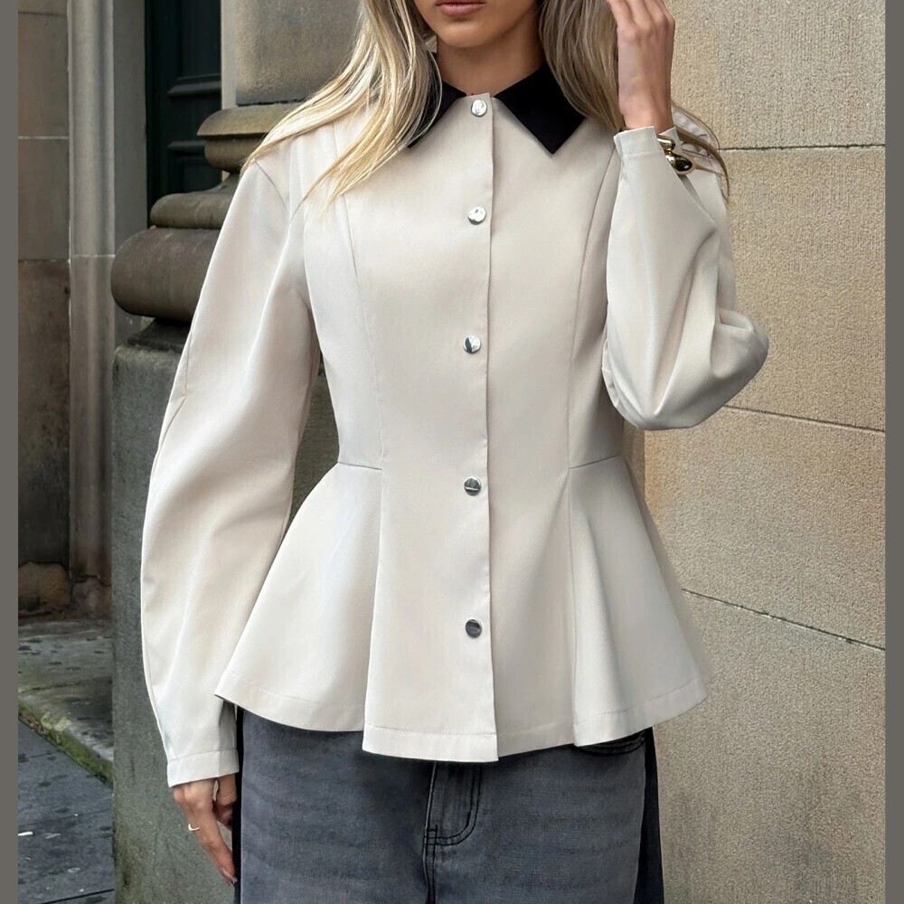 Cream Contrast Collar Peplum Blazer Jacket with Long Sleeves & Button Front